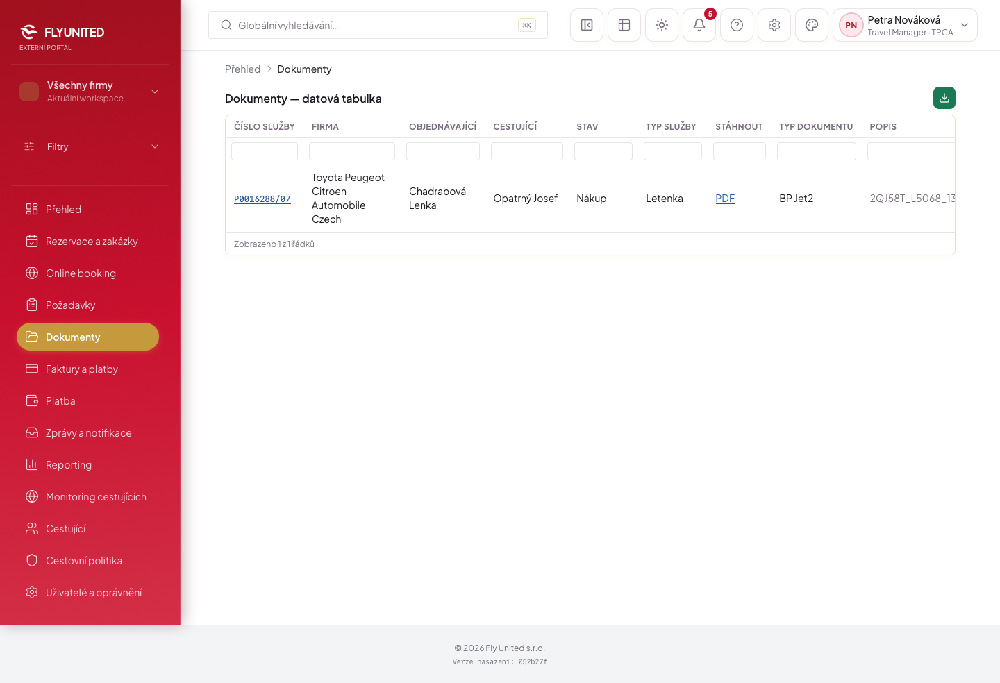 Dokumenty — tabulkový režim FLY ONLINE — design b2b