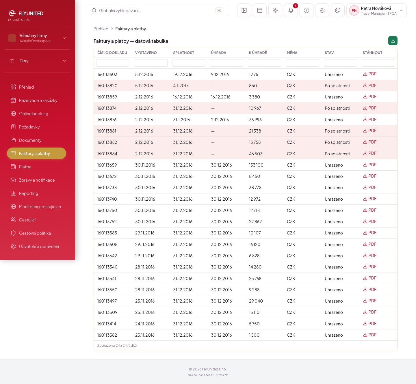 Faktury — tabulkový režim FLY ONLINE — design b2b