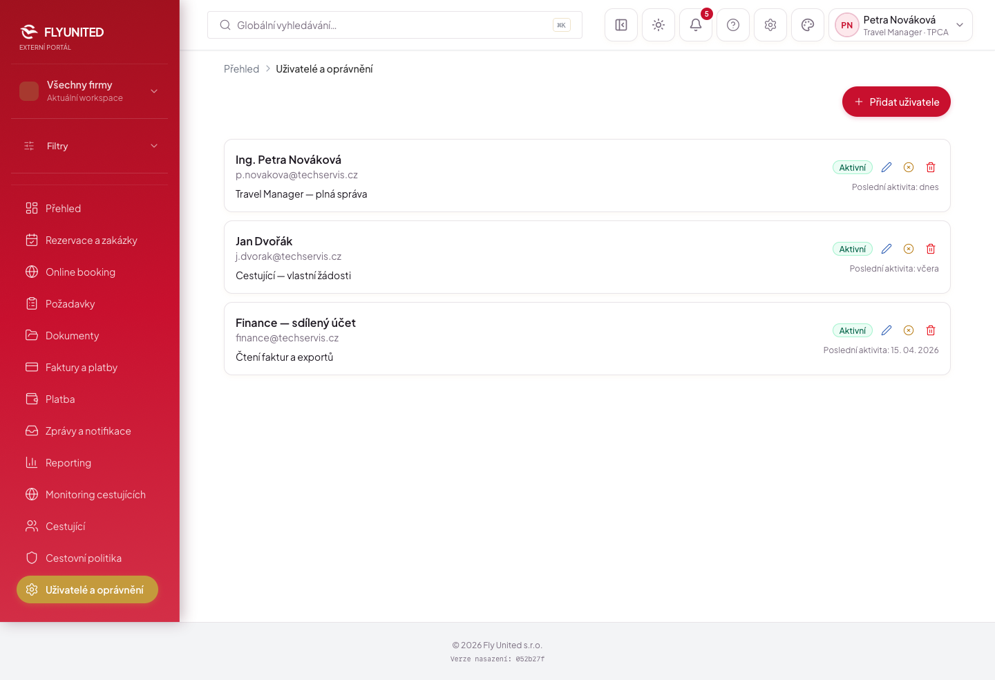 Uživatelé a oprávnění — náhled stránky — design b2b